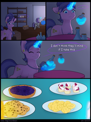 Size: 6000x8000 | Tagged: safe, artist:sinrinf, cookie crumbles, oc, oc:princess mythic majestic, alicorn, pony, unicorn, g4, alicorn oc, blueberry pie (food), commission, commissioner:bigonionbean, cookie, food, glowing, glowing horn, horn, pie, potion, wings