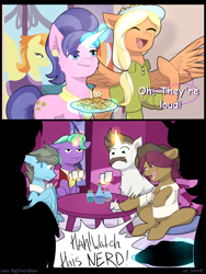 Size: 6000x8000 | Tagged: safe, artist:sinrinf, cookie crumbles, firelight, hondo flanks, mane allgood, snap shutter, stormy flare, wind rider, earth pony, pegasus, pony, unicorn, g4, absurd resolution, card game, comic, commission, commissioner:bigonionbean, eyes closed, female, glowing, glowing horn, horn, magic, male, mare, open mouth, potion, smiling, stallion, telekinesis, wings