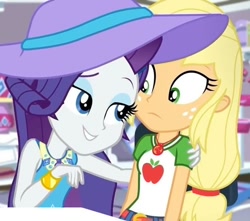 Size: 748x660 | Tagged: safe, screencap, applejack, rarity, human, camping must-haves, equestria girls, g4, my little pony equestria girls: better together, duo, duo female, female, hat