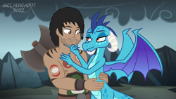 Size: 8000x4500 | Tagged: safe, artist:metalhead97, princess ember, oc, oc:skull crusher, dragon, human, g4, axe, bedroom eyes, belt, canon x oc, clothes, commission, dragon lands, dragoness, female, five o'clock shadow, interspecies, lay the dragon, lidded eyes, looking at each other, looking at someone, male, male nipples, nipples, shipping, short hair, show accurate, smiling, smiling at each other, straight, tattoo, weapon