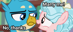 Size: 1219x533 | Tagged: safe, edit, edited screencap, screencap, cozy glow, gallus, griffon, pegasus, pony, g4, what lies beneath, cropped, duo, female, filly, foal, gallus is not amused, male, unamused