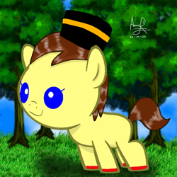 Size: 768x768 | Tagged: safe, artist:mazakbar567, edit, oc, oc only, oc:bouraq, earth pony, pony, baby, baby pony, blue eyes, brown mane, cap, cute, forest, grass, hat, male, smiling