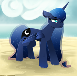 Size: 2200x2152 | Tagged: safe, artist:andaluce, artist:pabbley, princess luna, alicorn, pony, beach, constellation, female, floppy ears, frown, grumpy, high res, lineless, mare, ocean, partially open wings, sand, signature, solo, water, wet, wet mane, wings