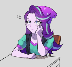 Size: 1937x1816 | Tagged: safe, artist:strelitzias, starlight glimmer, human, equestria girls, g4, beanie, bored, chair, desk, eyebrows, eyebrows visible through hair, female, frown, hand on cheek, hat, lidded eyes, sad, sitting, solo, starlight glimmer is not amused, unamused