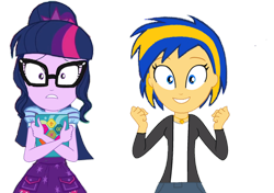 Size: 1280x899 | Tagged: safe, artist:mlpfan3991, artist:yaya54320bases, sci-twi, twilight sparkle, oc, oc:flare spark, human, equestria girls, g4, book, duo, duo female, equestria girls-ified, excited, female, fist pump, glasses, happy, pose, simple background, smiling, transparent background
