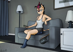 Size: 1280x905 | Tagged: safe, artist:apocheck13, oc, oc only, oc:hexen, kirin, anthro, plantigrade anthro, couch, female, glasses, kirin oc, lamp, remote control, sitting, solo