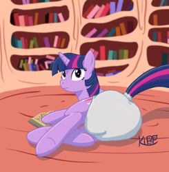 Size: 2148x2192 | Tagged: safe, artist:kipp_otterboy, twilight sparkle, pony, unicorn, g4, blank stare, book, bookhorse, bookshelf, butt, butt focus, diaper, diaper butt, diaper fetish, diapered, eye, eyes, face, facial expressions, female, fetish, golden oaks library, hair, high res, hooves, indoors, interior, library, looking at you, looking back, looking back at you, lying down, mane, mare, non-baby in diaper, oak tree, open book, plot, poofy diaper, prone, purple coat, purple mane, reading, rear, room, show accurate, tail, tail hole, tree, treehouse, unicorn twilight, white diaper