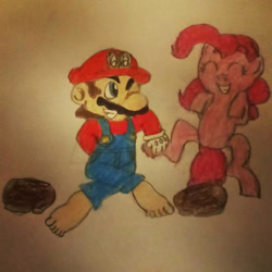 Size: 894x894 | Tagged: artist needed, source needed, safe, pinkie pie, earth pony, human, pony, g4, barefoot, crossover shipping, feet, female, male, mario, mariopie, shipping, straight, super mario bros., traditional art