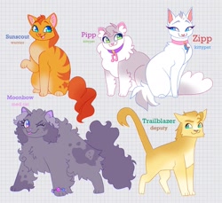 Size: 1649x1513 | Tagged: safe, artist:catmintyt, hitch trailblazer, izzy moonbow, pipp petals, sunny starscout, zipp storm, cat, g5, ;p, catified, collar, fluffy, mane five, one eye closed, open mouth, open smile, smiling, species swap, tongue out, warrior cats