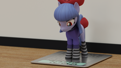 Size: 3840x2160 | Tagged: safe, artist:the luna fan, derpibooru exclusive, oc, oc only, oc:cosmia nebula, pony, 3d, angry, blender, blender cycles, bow, clothes, high res, red eyes, scale, smol, socks, solo, stockings, striped socks, sweater, thigh highs, wooden floor