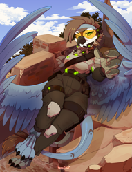 Size: 2457x3215 | Tagged: source needed, safe, artist:hakkids2, oc, oc only, oc:gravia, cyborg, griffon, anthro, armor, beak, castle, clothes, female, headset, high res, knee pads, multiple tails, paws, slit pupils, solo, spread wings, tail, visor, wings