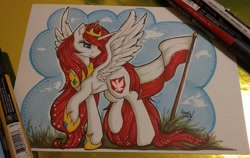 Size: 3711x2340 | Tagged: safe, artist:julunis14, oc, oc only, oc:queen poland, alicorn, pony, alicorn oc, crown, female, flag, high res, hoof shoes, horn, jewelry, mare, nation ponies, poland, ponified, regalia, solo, traditional art, wings