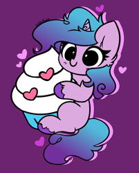Size: 2893x3597 | Tagged: safe, artist:kittyrosie, izzy moonbow, pony, unicorn, g5, cupcake, cute, floating heart, food, heart, high res, izzybetes, purple background, simple background, solo