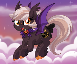 Size: 2596x2169 | Tagged: safe, artist:spookyle, oc, oc only, oc:harvest moon, bat pony, hybrid, bat pony oc, bow, dark purple coat, fangs, female, high res, hybrid oc, signature, solo, tail, tail bow
