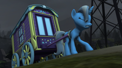 Size: 3840x2160 | Tagged: safe, artist:botxs, trixie, pony, unicorn, g4, 3d, eyes closed, female, gritted teeth, high res, mare, pulling, solo, source filmmaker, teeth, trixie's wagon, wagon