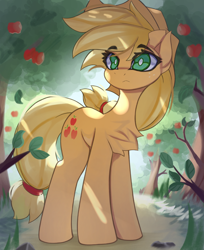 Size: 3282x4013 | Tagged: safe, artist:jfrxd, applejack, earth pony, pony, g4, apple, apple tree, chest fluff, cowboy hat, cute, dappled sunlight, eyebrows, eyebrows visible through hair, female, hat, high res, jackabetes, mare, solo, tree, white pupils