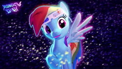 Size: 3840x2160 | Tagged: safe, rainbow dash, pegasus, pony, g4, 3d, 4k, blue background, female, glasses, glowing, happy, high res, logo, looking at you, mare, raised hoof, simple background, smiling, smiling at you, solo, source filmmaker, sparkles, spread wings, stars, text, wallpaper, wave, wings