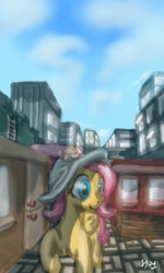 Size: 614x1024 | Tagged: safe, artist:chickhawk96, fluttershy, pegasus, pony, g4, city, hat, market, solo, street