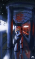 Size: 614x1024 | Tagged: safe, artist:chickhawk96, rainbow dash, pegasus, pony, g4, looking at you, night, solo, train station