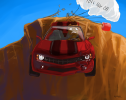 Size: 1280x1024 | Tagged: safe, artist:chickhawk96, pony, car, chevrolet camaro, cliff, driving, falling, parachute, solo