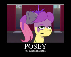 Size: 750x600 | Tagged: safe, edit, edited screencap, screencap, posey bloom, earth pony, pony, g5, it's t.u.e.s. day, my little pony: tell your tale, spoiler:g5, spoiler:my little pony: tell your tale, spoiler:tyts01e09, demotivational poster, female, mare, meme, posey can't catch a break, solo, unamused