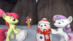 Size: 1920x1080 | Tagged: safe, artist:derpy_fan, apple bloom, scootaloo, sweetie belle, earth pony, pegasus, pony, unicorn, g4, 3d, cutie mark crusaders, snow, snowball, snowman, source filmmaker