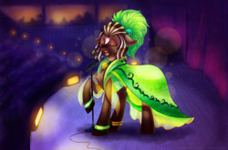 Size: 1100x726 | Tagged: safe, artist:limreiart, oc, oc:scrappy rug, pegasus, pony, clothes, dress, fanfic art, microphone, pegasus oc, singing, spotted, wings of steel