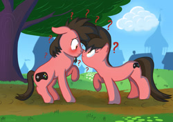 Size: 1754x1240 | Tagged: safe, artist:ace play, oc, oc only, oc:ace play, oc:cutie e, earth pony, pony, blushing, boop, confused, duo, facial hair, female, goatee, looking at each other, looking at someone, male, mare, noseboop, outdoors, path, question mark, r63 paradox, raised hoof, rule 63, self paradox, self ponidox, stallion, tree