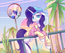 Size: 3052x2480 | Tagged: safe, artist:wavecipher, rarity, pony, unicorn, g4, alternate hairstyle, backwards ballcap, baseball cap, cap, clothes, disguise, female, floppy ears, hat, high res, looking at you, mare, palm tree, plainity, solo, tree, unamused, vaporwave, white pupils