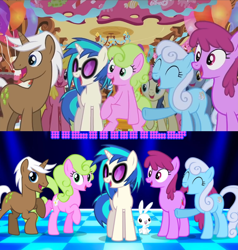 Size: 1000x1050 | Tagged: safe, edit, screencap, angel bunny, berry punch, berryshine, blues, bon bon, cherry berry, daisy, dj pon-3, flower wishes, linky, mochaccino, noteworthy, rare find, shoeshine, sweetie drops, vinyl scratch, earth pony, pony, rabbit, unicorn, g4, magical mystery cure, ^^, animal, balloon, comparison, dj pon-3 presents my little pony: friendship is magic remixed, eyes closed, female, male, mare, open mouth, raised hoof, stallion