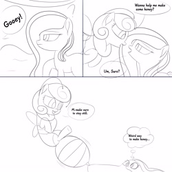 Size: 3000x3000 | Tagged: safe, artist:bestponies, oc, oc:buzzing pollen, oc:gooey gum, bee, bee pony, goo, goo pony, insect, monster pony, original species, pony, comic, dialogue, female, high res, imminent vore, mare