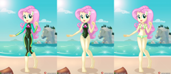 Size: 7032x3035 | Tagged: safe, artist:dieart77, edit, fluttershy, human, equestria girls, adorasexy, barefoot, beach, beach shorts swimsuit, belly button, bikini, breasts, cleavage, clothes, cute, dieart77 is trying to murder us, feet, female, fluttershy's beach shorts swimsuit, fluttershy's one-piece swimsuit, fluttershy's wetsuit, high res, one-piece swimsuit, sexy, shyabetes, solo, sweet dreams fuel, swimsuit, wetsuit