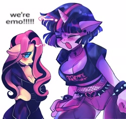 Size: 3000x2834 | Tagged: safe, artist:katarinacipcic, fluttershy, twilight sparkle, anthro, g4, breasts, busty twilight sparkle, choker, cleavage, duo, duo female, ear piercing, earring, emo, emo twilight, emoshy, female, floppy ears, hair over one eye, high res, jewelry, lidded eyes, midriff, piercing, simple background, spiked wristband, we're emo, white background, wristband, yelling