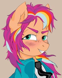Size: 1215x1524 | Tagged: safe, artist:gonnabemyday, sunny starscout, earth pony, pony, g5, anime style, blushing, bust, clothes, cute, evil grin, eyebrows, female, grin, looking at you, mane stripe sunny, mare, messy mane, necktie, shirt, simple background, smiling, smiling at you, smirk, solo, suit, sunnybetes, tan background