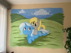 Size: 4032x3024 | Tagged: safe, artist:safizejaart, derpy hooves, trixie, pegasus, pony, unicorn, g4, biting, cute, ear bite, irl, mural, photo, tongue out