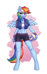 Size: 2208x3508 | Tagged: safe, artist:dandy, rainbow dash, pegasus, anthro, unguligrade anthro, abs, athletic, ball, belly button, belly piercing, clothes, ear piercing, female, high res, jersey, looking at you, midriff, piercing, shorts, smiling, smirk, solo, sports, sports bra, sports shorts, volleyball, wings