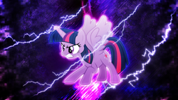 Size: 3840x2160 | Tagged: safe, artist:cloudy glow, artist:game-beatx14, edit, twilight sparkle, alicorn, pony, g4, angry, female, high res, lightning, mare, solo, spread wings, twilight sparkle (alicorn), wallpaper, wallpaper edit, wings