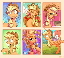 Size: 2048x1878 | Tagged: safe, artist:千雲九枭, applejack, bird, chicken, earth pony, pig, pony, applebuck season, applejack's "day" off, bridle gossip, g4, season 1, season 4, season 6, simple ways, alternate hairstyle, apple, applejack is best facemaker, applejewel, bipedal, bowl, bust, chest fluff, chicken dance, chickenjack, clothes, colored, cowboy hat, derp, faic, female, floppy ears, food, freckles, hat, heart, mare, messy hair, scared, scene interpretation, silly, silly pony, stetson, surprised, tired, who's a silly pony, yawn