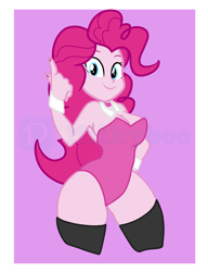Size: 4000x5216 | Tagged: safe, artist:milkyboo898, pinkie pie, human, equestria girls, breasts, bunny suit, busty pinkie pie, cleavage, clothes, cuffs (clothes), humanized, leotard, looking at you, obtrusive watermark, pink background, raised finger, sexy, simple background, smiling, socks, solo, thigh highs, watermark