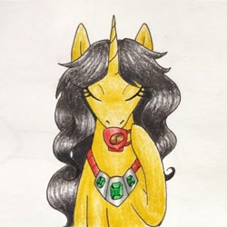 Size: 960x960 | Tagged: safe, artist:mintytreble, oc, oc only, oc:emerald heart, pony, unicorn, coffee, coffee cup, cup, female, solo, traditional art