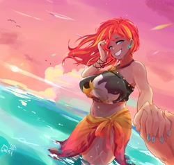 Size: 2000x1900 | Tagged: safe, artist:sozglitch, sunset shimmer, oc, oc:generic messy hair anime anon, human, g4, beach, belly button, big breasts, bikini, breasts, busty sunset shimmer, clothes, female, grin, holding hands, huge breasts, humanized, male, male pov, nail polish, ocean, offscreen character, offscreen male, plump, pov, sarong, smiling, solo focus, sunset, sunset shimmer's beach shorts swimsuit, swimsuit, water, wet, windswept hair