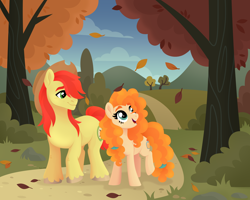 Size: 5000x4000 | Tagged: safe, artist:kabuvee, bright mac, pear butter, earth pony, pony, g4, absurd resolution, autumn, cowboy hat, duo, female, hat, leaves, male, mare, open mouth, path, scenery, ship:brightbutter, shipping, smiling, stallion, straight, tree, unshorn fetlocks, walking
