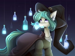 Size: 4096x3072 | Tagged: safe, artist:buvanybu, oc, oc only, oc:coven, earth pony, pony, bottle, cape, clothes, commission, glowing, hat, mouth hold, solo, witch hat, ych result
