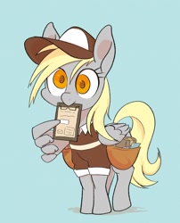 Size: 1585x1962 | Tagged: safe, artist:noupu, derpy hooves, pegasus, pony, g4, bag, blue background, clipboard, cute, derpabetes, hat, mailbag, mailmare, mailmare uniform, mailpony, mouth hold, pointing, simple background, wing hands, wings