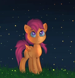 Size: 1272x1310 | Tagged: safe, artist:autumnvoyagee, scootaloo, firefly (insect), insect, pegasus, pony, cute, cutealoo, ear fluff, female, filly, foal, grass, night, open mouth, solo