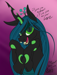 Size: 914x1200 | Tagged: safe, alternate version, artist:sepiakeys, queen chrysalis, changeling, changeling queen, g4, bust, female, portrait, smiling, solo, wip
