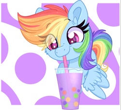 Size: 1013x914 | Tagged: safe, artist:lbrcloud, part of a set, rainbow dash, pegasus, pony, g4, abstract background, bubble tea, colored pupils, cute, dashabetes, drink, drinking straw, smiling, solo, straw