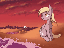 Size: 1280x960 | Tagged: safe, artist:hauntedtuba, derpy hooves, pegasus, pony, g4, animated, beach, eye shimmer, female, looking away, loop, mare, no sound, perfect loop, sandcastle, signature, sitting, solo, sunset, wave, webm, windswept mane