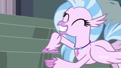 Size: 1248x702 | Tagged: safe, screencap, silverstream, classical hippogriff, hippogriff, g4, school daze, cute, diastreamies, eyes closed, grin, jewelry, necklace, smiling, solo, stairs, that hippogriff sure does love stairs