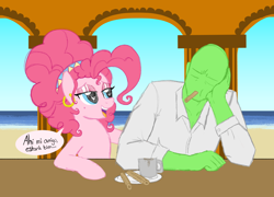 Size: 2204x1584 | Tagged: safe, artist:legendoflink, pinkie pie, oc, oc:anon, earth pony, human, pony, g4, alternate design, alternate hairstyle, beach, beauty mark, churros, clothes, comfort eating, comforting, dialogue, eating, equus-477, eyeshadow, female, food, friendshipping, hairband, heart, heart eyes, hoof on back, latin, latin american, latina pinkie pie, lidded eyes, makeup, mare, ocean, open mouth, open smile, outdoors, rubbing, shirt, simple background, smiling, spanish, speech bubble, water, wingding eyes